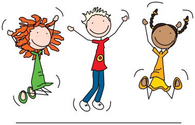 Kızların ve erkeklerin sevinçten zıplamalarının çizgi film çizimi