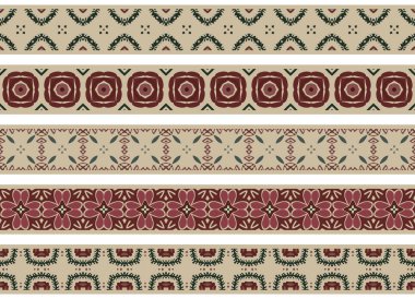 Bej, yeşil ve kırmızı soyut unsurlardan yapılmış beş resimli dekoratif kenarlık kümesi