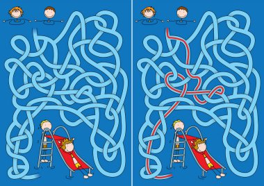 Mutlu çocuklar ve su kaydırağı labirenti çözümü olan çocuklar için.