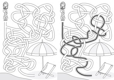 Mutlu kız, siyah beyaz çözümü olan çocuklar için plaj labirentine gider.