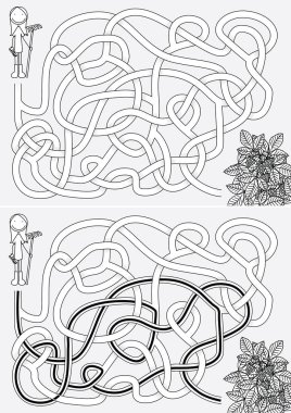 Siyah beyaz çözümü olan çocuklar için küçük bahçıvan labirenti.