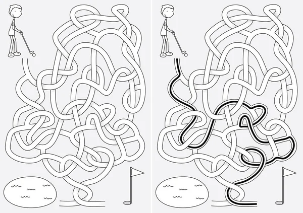 Liten Golfare Labyrint För Barn Med Lösning Iin Svart Och — Stock vektor