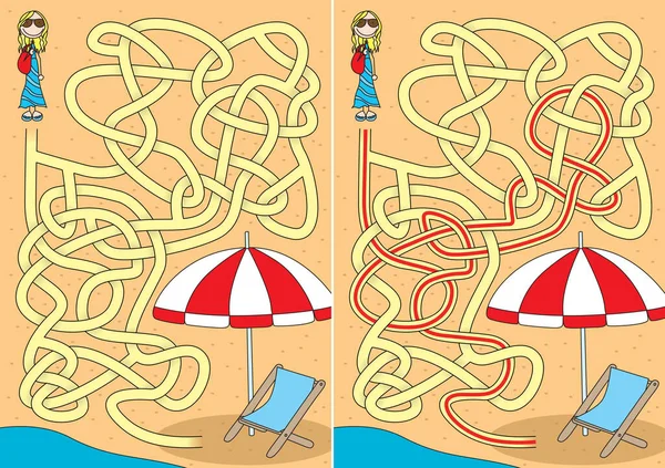 Lycklig Flicka Går Till Stranden Labyrint För Barn Med Lösning — Stock vektor