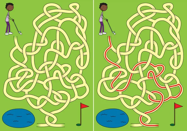 Little Golfer Maze Kids Solution — Stock Vector