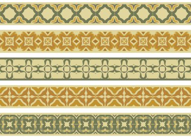 Bej, yeşil ve sarı olmak üzere soyut elementlerden oluşan beş resimli dekoratif kenarlık kümesi