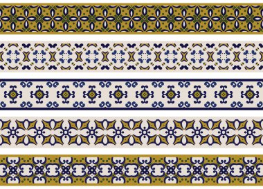 Bej, mavi ve açık kahverengi olmak üzere soyut elementlerden oluşan beş resimli dekoratif kenarlık kümesi