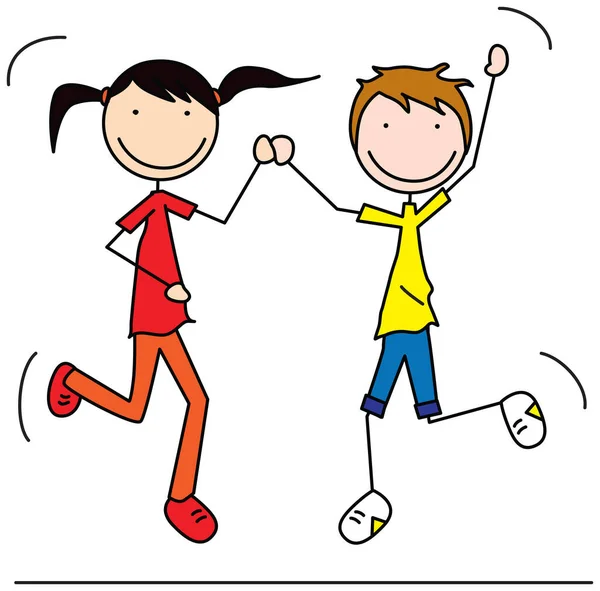 Karikatur Von Mädchen Und Jungen Die Vor Freude Springen — Stockvektor