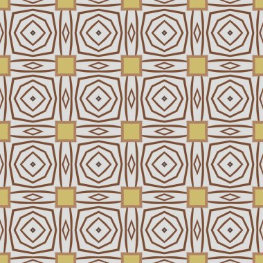 Açık gri, sarı, mavi ve kahverengi tonlarında soyut elementlerden oluşan kusursuz desenli.