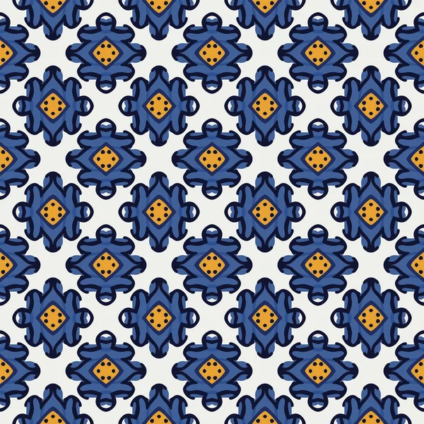 Beyaz, sarı ve mavi tonlarında soyut elementlerden yapılmış kusursuz desenli.