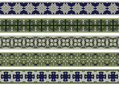 Açık gri, mavi ve yeşil tonlarda soyut elementlerden oluşan beş resimli dekoratif kenarlık kümesi