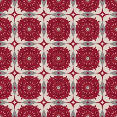 Bej, gri ve kırmızı renklerde soyut elementlerden yapılmış kusursuz resimli desen