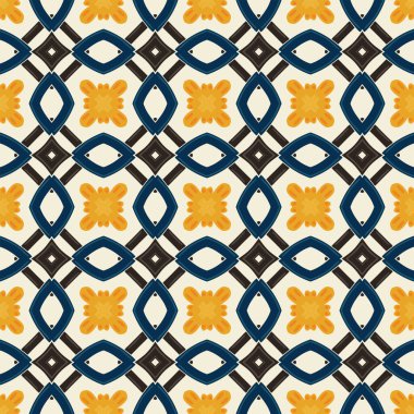 Bej, sarı, kahverengi ve mavi olan soyut elementlerden yapılmış kusursuz çizimli desen