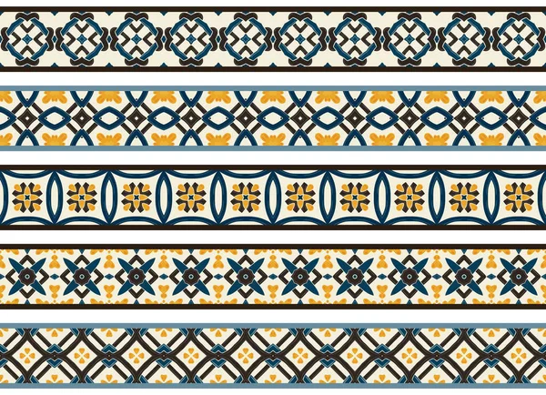 Set Five Illustrated Decorative Borders Made Abstract Elements Beige Yellow — Stock Vector