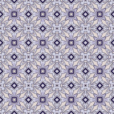 Bej ve mavi tonlarında soyut elementlerden yapılmış kusursuz resimli desen