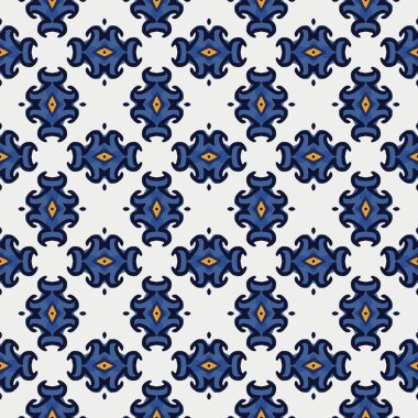 Beyaz, sarı ve mavi tonlarında soyut elementlerden yapılmış kusursuz desenli.