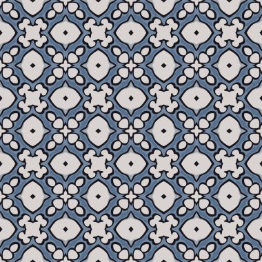 Beyaz, siyah ve mavi tonlarında soyut elementlerden oluşan kusursuz desenli.