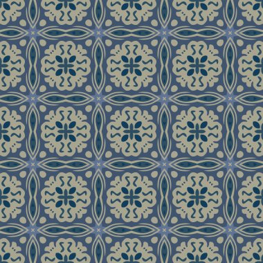 Bej ve mavi tonlarında soyut elementlerden yapılmış kusursuz resimli desen