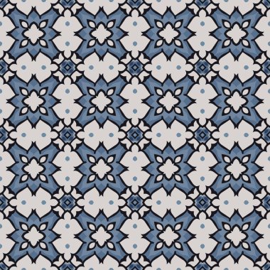 Beyaz, siyah ve mavi tonlarında soyut elementlerden oluşan kusursuz desenli.