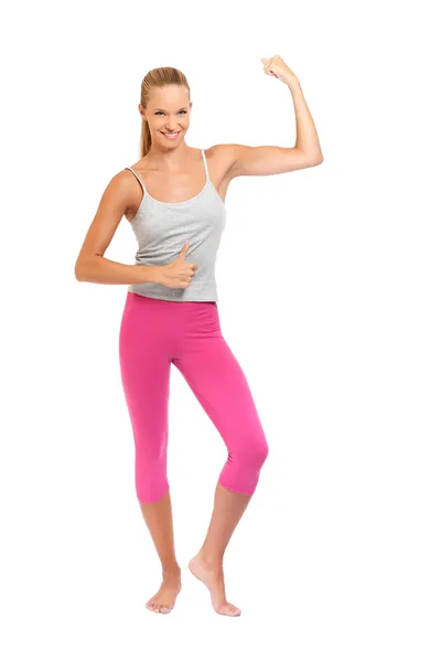 Young woman with thumb up on white background — Stock Photo, Image