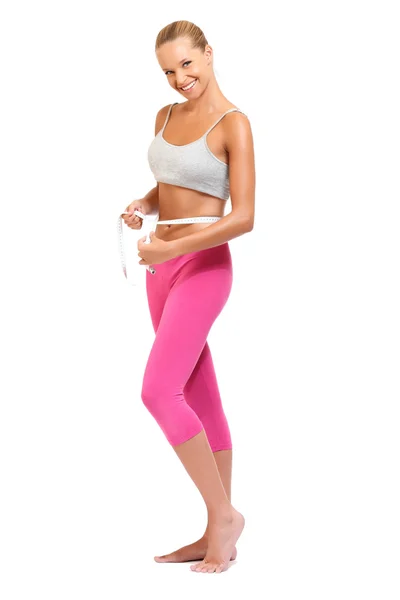 Happy woman measuring perfect shape of beautiful waist — Stock Image Happy woman measuring perfect shape of beautiful waist Stock Picture