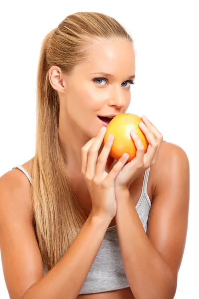 Closeup portrait of a healthy woman with fruit — Stock Photo, Image