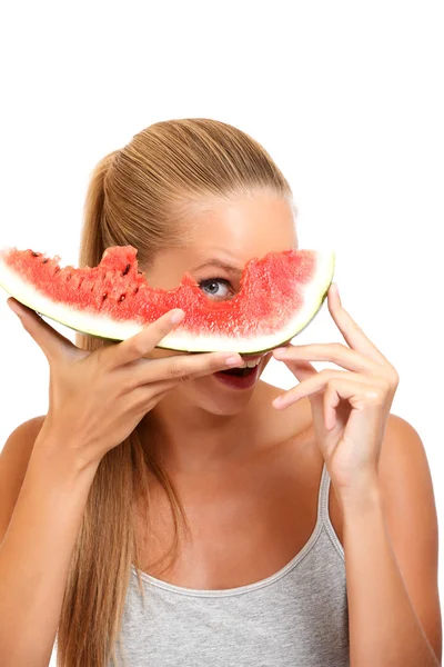 Mulher engraçada posando com melão — Fotografia de Stock