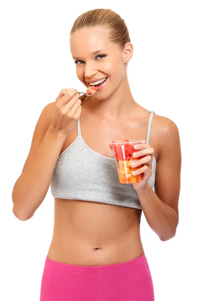 Portrait of a happy woman with a melon — Stock Photo, Image