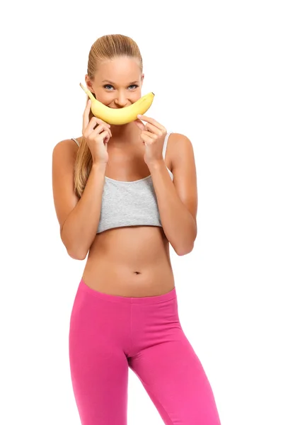 Funny woman playing with banana — Stock Image Funny woman playing with banana Stock Image