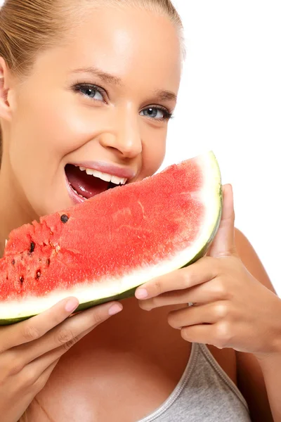 Closeup portrait of a healthy woman with melon — Stock Image Closeup portrait of a healthy woman with melon Stock Picture