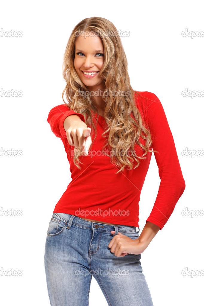 Blonde woman pointing at you on white background