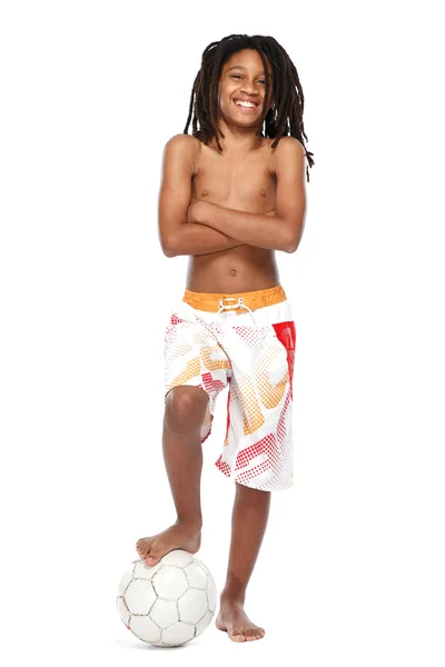 Happy young rasta guy with football isolated on white — Stock Photo, Image