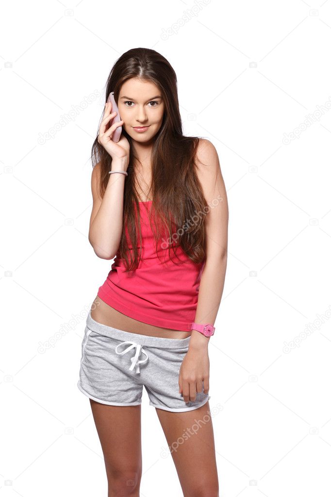young brunette teenager making a call