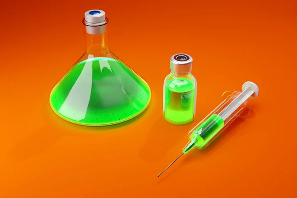 Medicijnen tegen chemicaliën en een injectiespuit 3D illustraties — Stockfoto