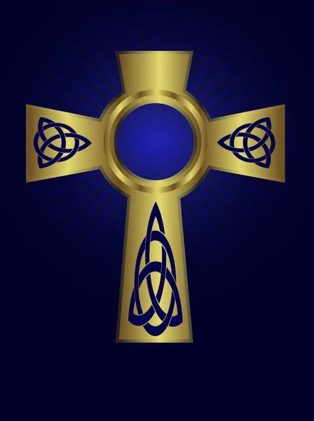 Croix d'or celtique ornée sur fond bleu profond — Image vectorielle