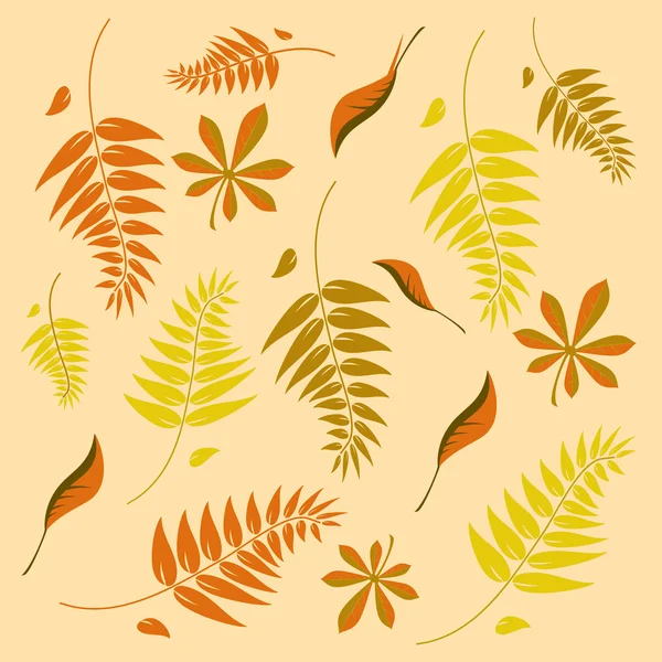 A seamless autumn background with different shaped leaves — Stock Vector
