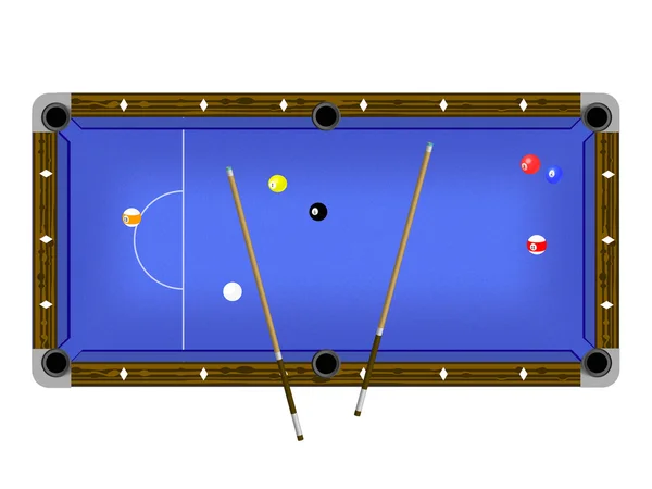 Vector Illustration of a pool table with cues and pool balls — Stock Vector