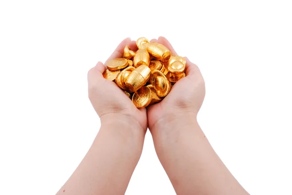 Both hands holding gold coins — Stock Photo, Image