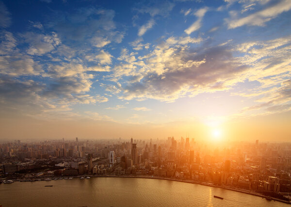 Shanghai pudong skyline at sunset