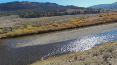 Soda Butte Creek, sonbaharın başlarında, Lamar Vadisi 'ndeki Lamar Nehri patikasından görüldüğü gibi, Yellowstone Ulusal Parkı' nda. Kamera sağa sola döner.