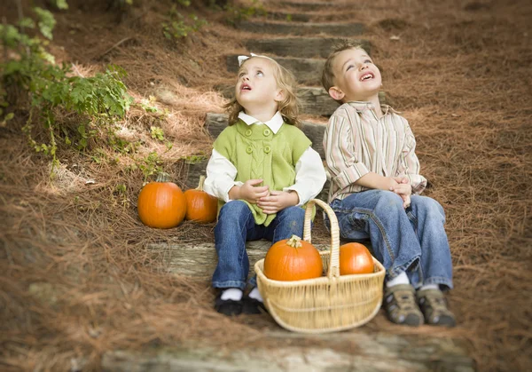 Kardeş çocuklara şarkı pumpkins ile ahşap merdiven — Stok fotoğraf