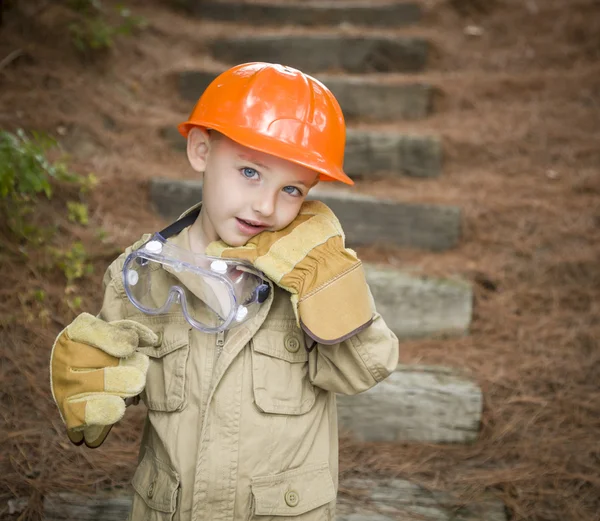 Adorable Child Boy with Big Gloves Playing Handyman Outside — Stock Photo, Image