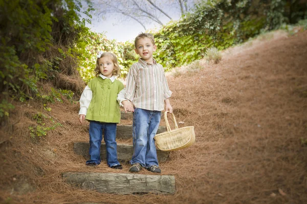 Dos niños caminando por escalones de madera con cesta afuera . —  Fotos de Stock