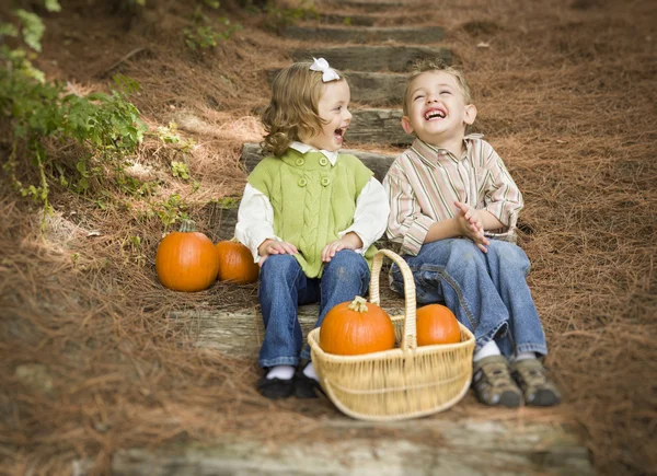 Hermano y hermana niños sentados en escalones de madera con calabazas —  Fotos de Stock