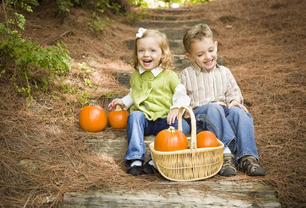 Hermano y hermana niños sentados en escalones de madera con calabazas —  Fotos de Stock