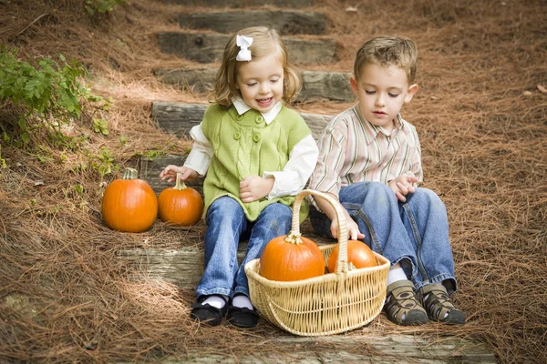 Hermano y hermana niños sentados en escalones de madera con calabazas —  Fotos de Stock