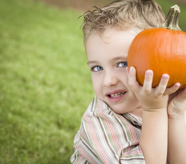 Cute Young Child Boy Enjoying the Pumpkin Patch. — Stock Photo, Image