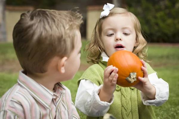 Carino giovane fratello e sorella a la zucca patch — Foto Stock