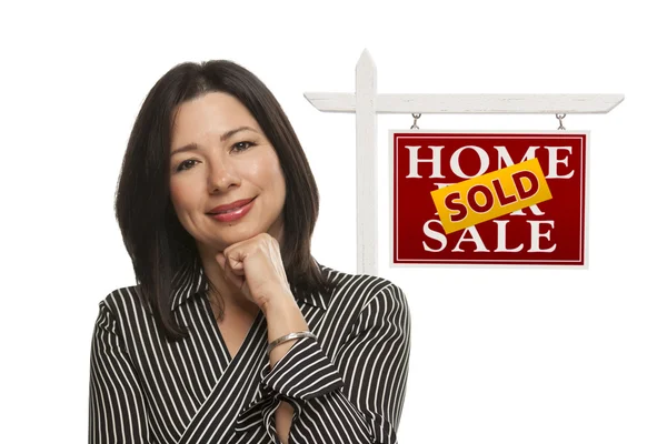 Woman and Sold Home For Sale Real Estate Sign Isolated — Stock Photo, Image