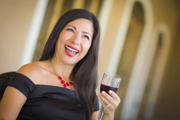 Attractive Hispanic Woman Portrait Outside Enjoying Wine — Stock Photo, Image