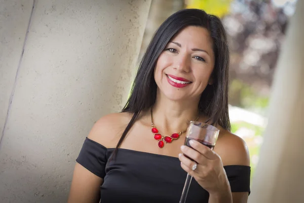 Attractive Hispanic Woman Portrait Outside Enjoying Wine — Stock Photo, Image